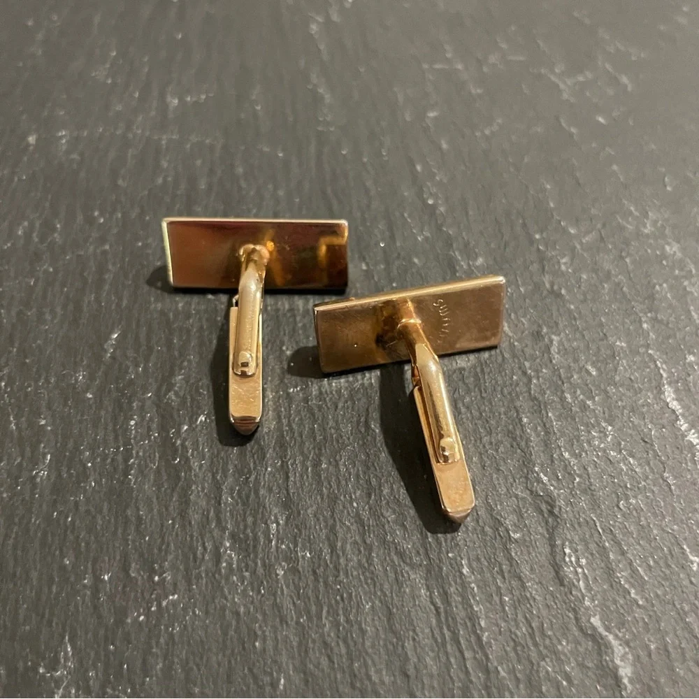 Vintage SWANK Gold Tone Cufflinks Brown Leather Inset